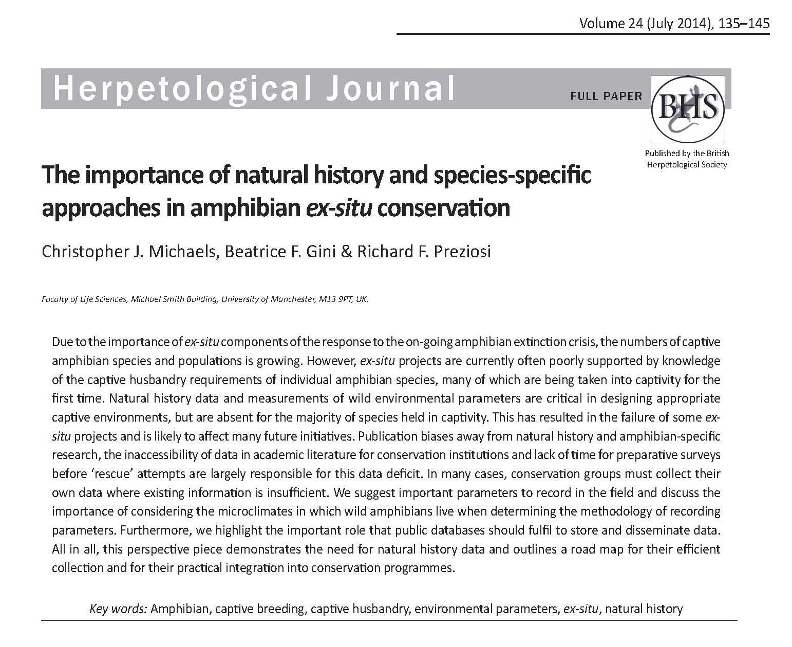 The Importance of Natural History and Species-specific Approaches in Amphibian Ex-situ Conservation