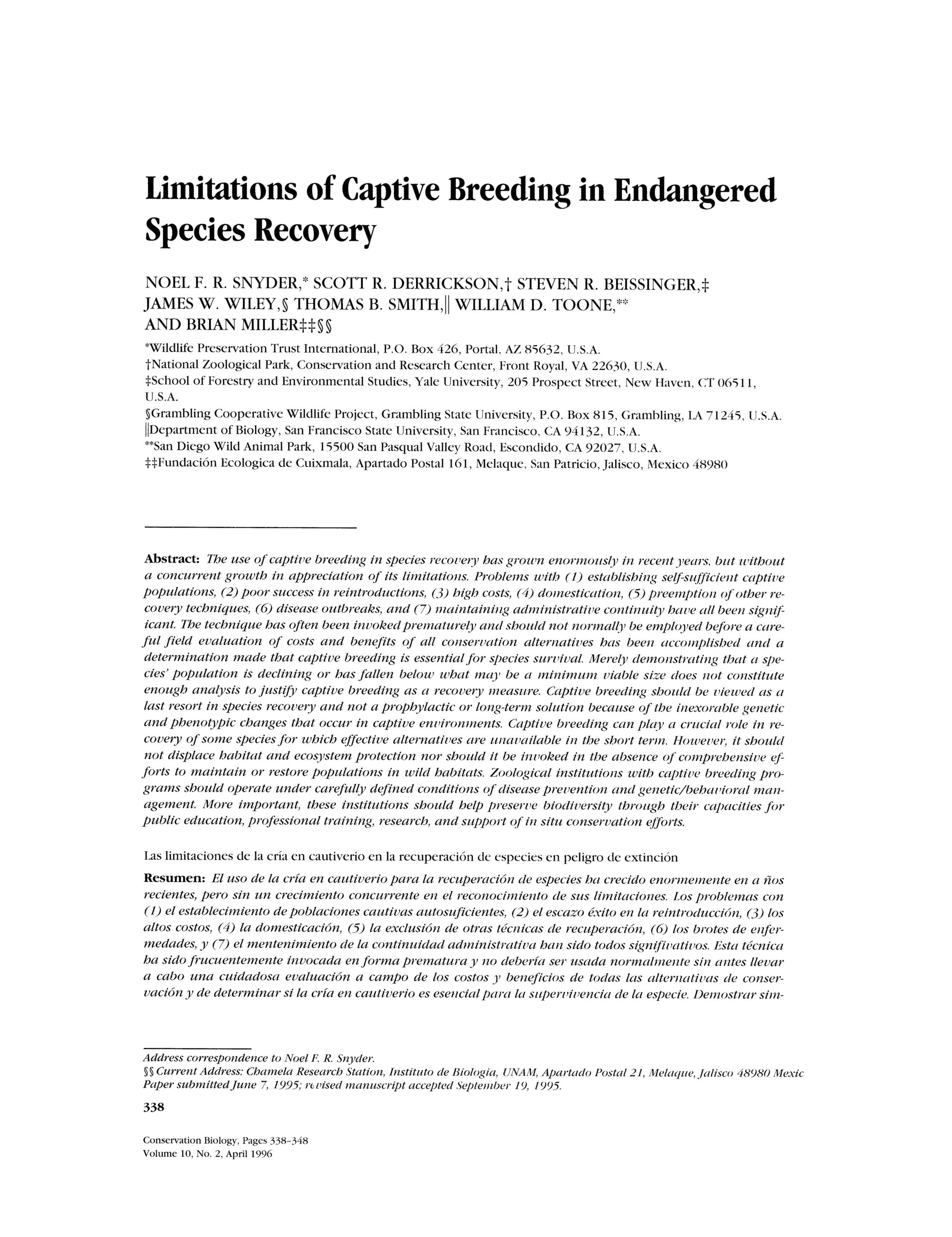 Limitations of Captive Breeding in Endangered Species Recovery
