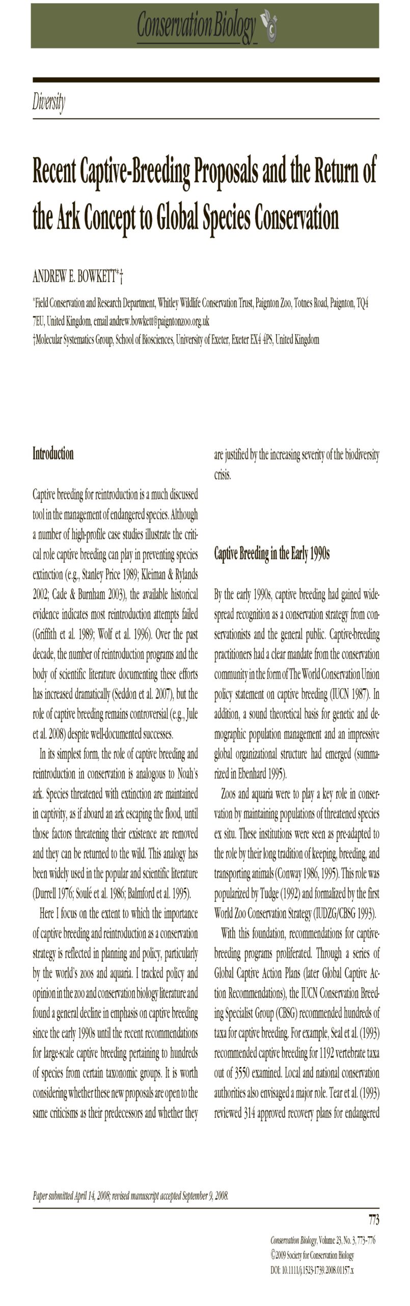 Recent Captive-Breeding Proposals and the Return of the Ark Concept to Global species Conservation