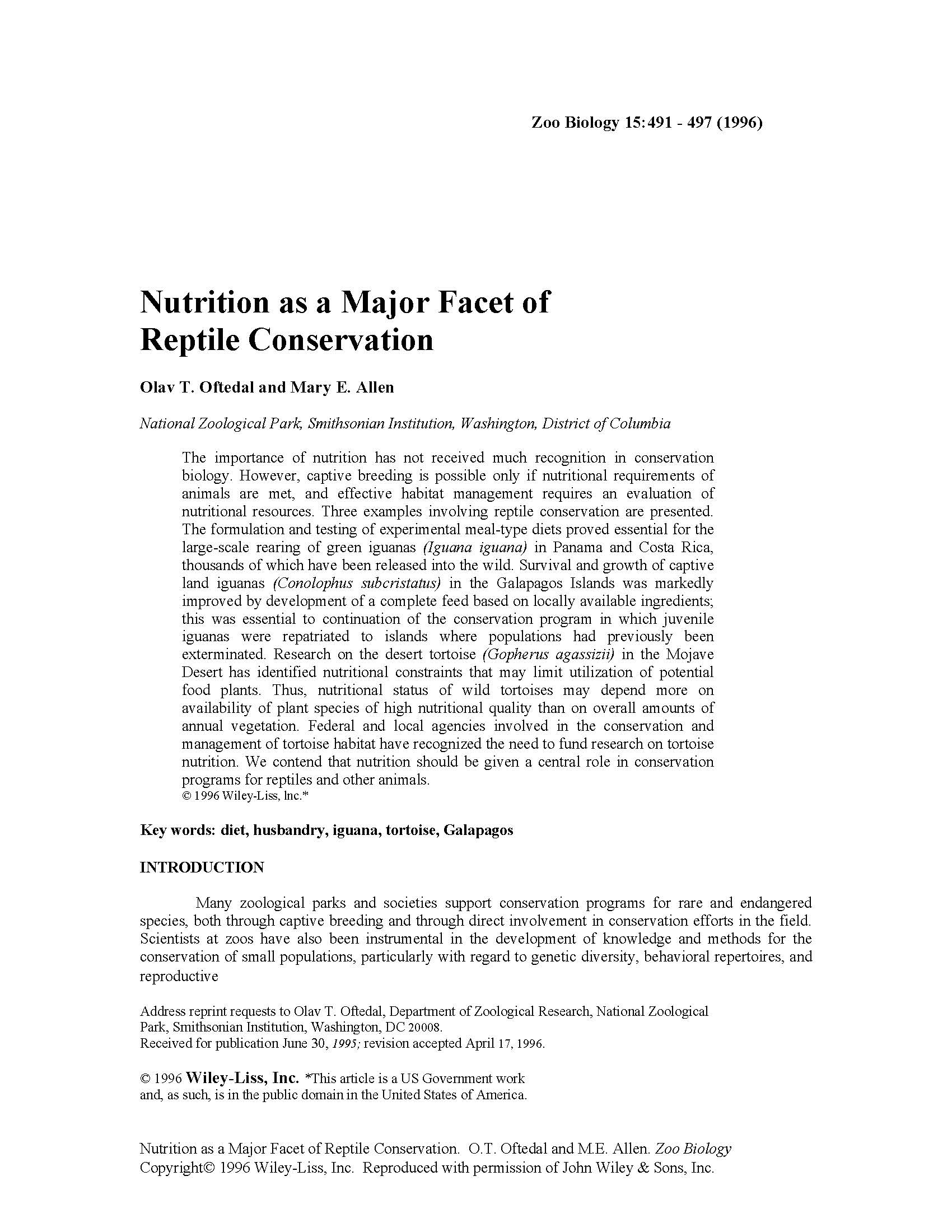 Nutrition as a Major Facet of Reptile Conservation