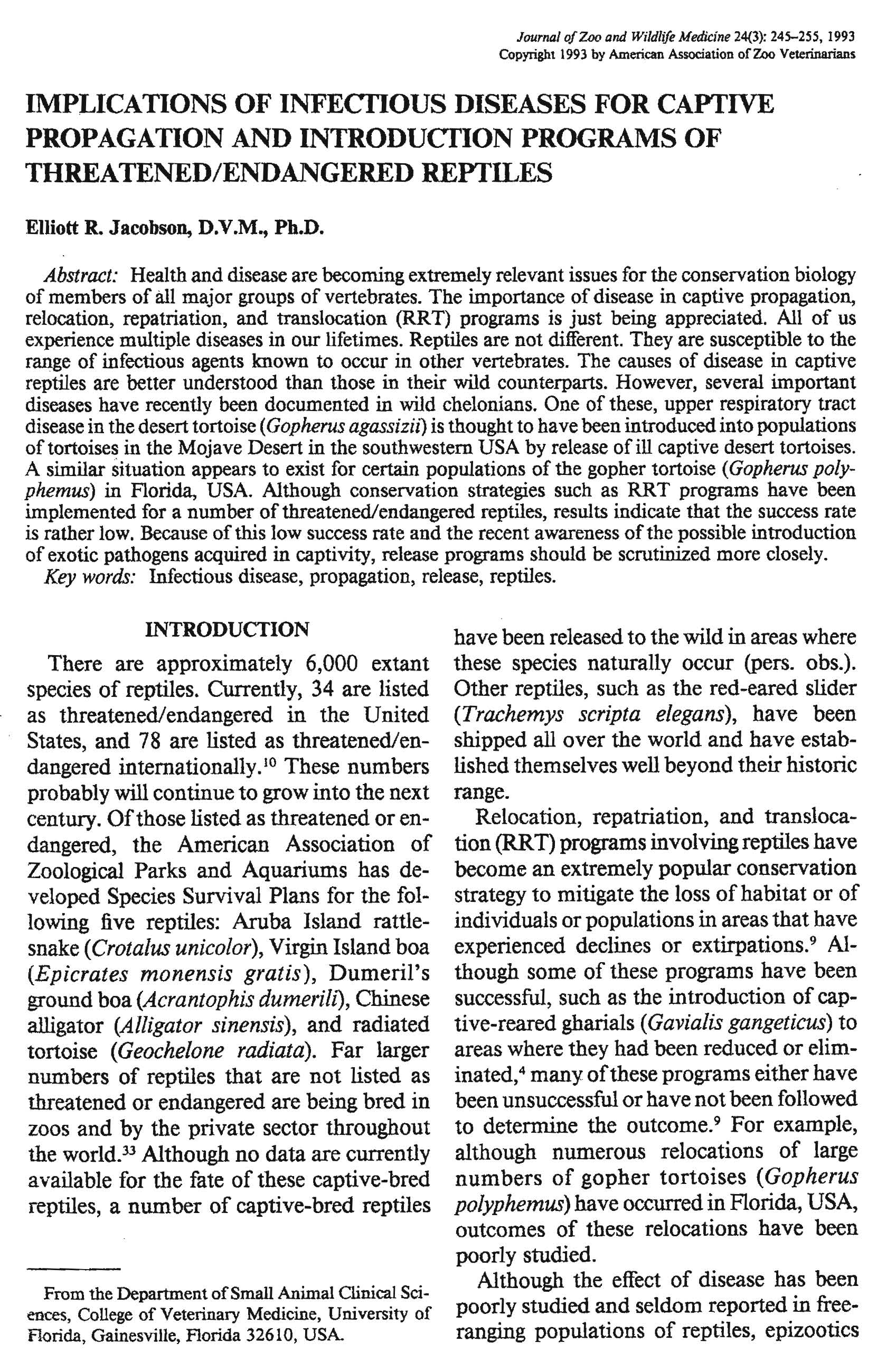 Implications of Infectious Diseases for Captive Propagation and Introduction Programs of Threatened or Endangered Reptiles