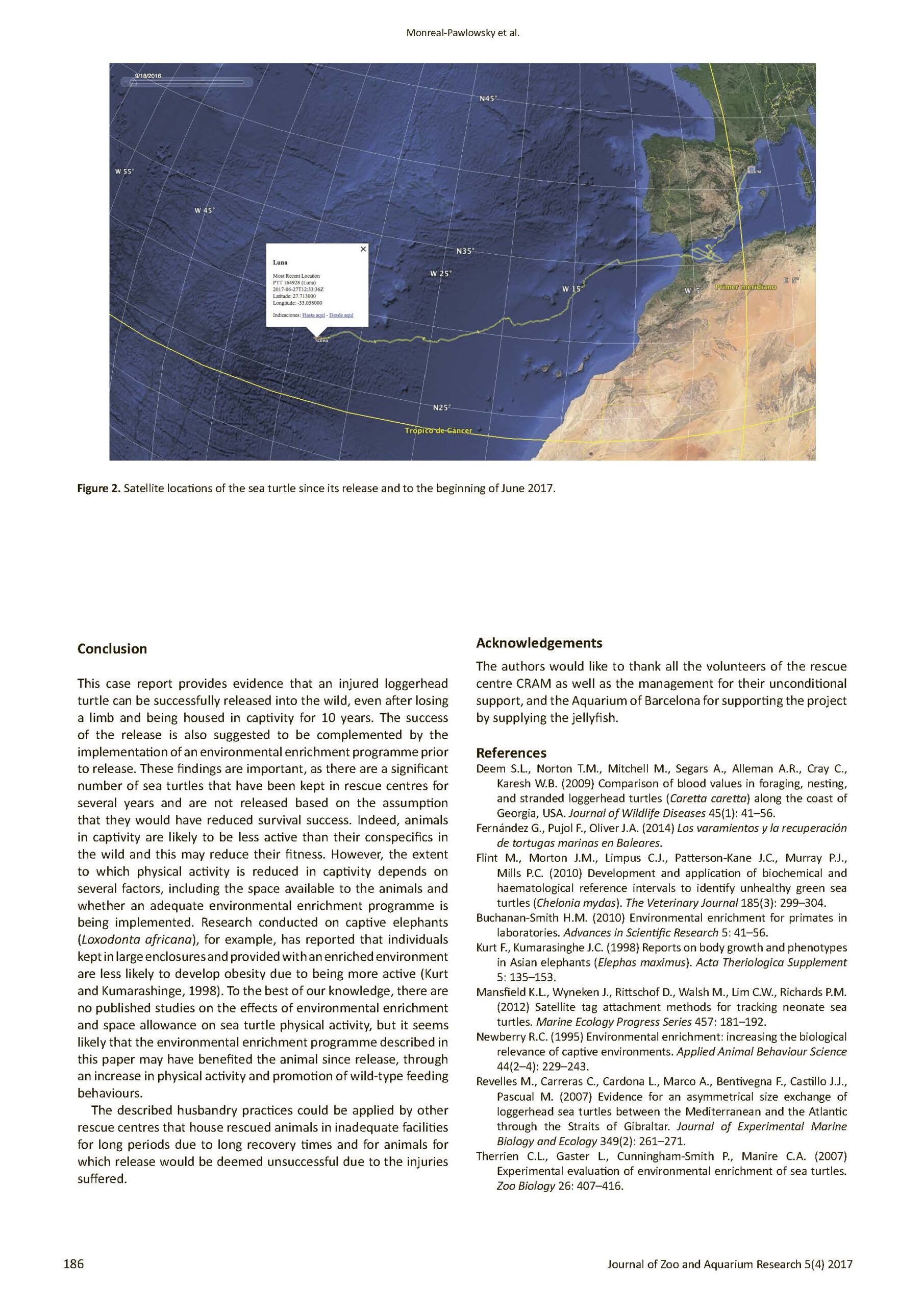 Environmental Enrichment Facilities Release and Survival of an Injured Loggerhead Sea Turtle (Careta careta) after Ten years in Captivity