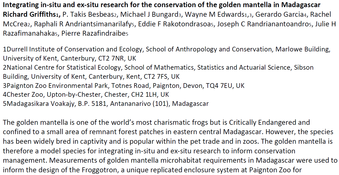Integrating in-situ and ex-situ Research for the Conservation of the Golden Mantella in Madagascar