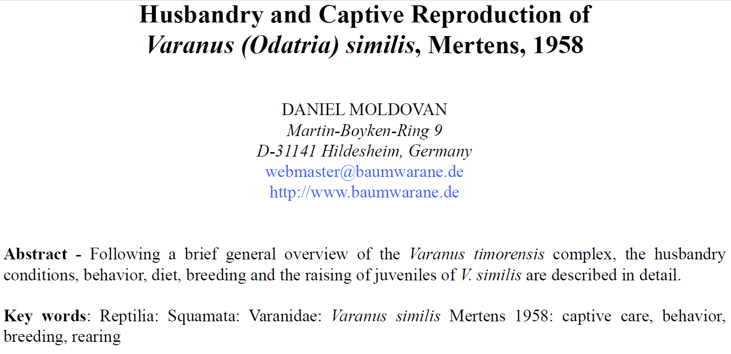 Husbandry and Captive Reproduction of Varanus (Odatria) similis, Mertens, 1958