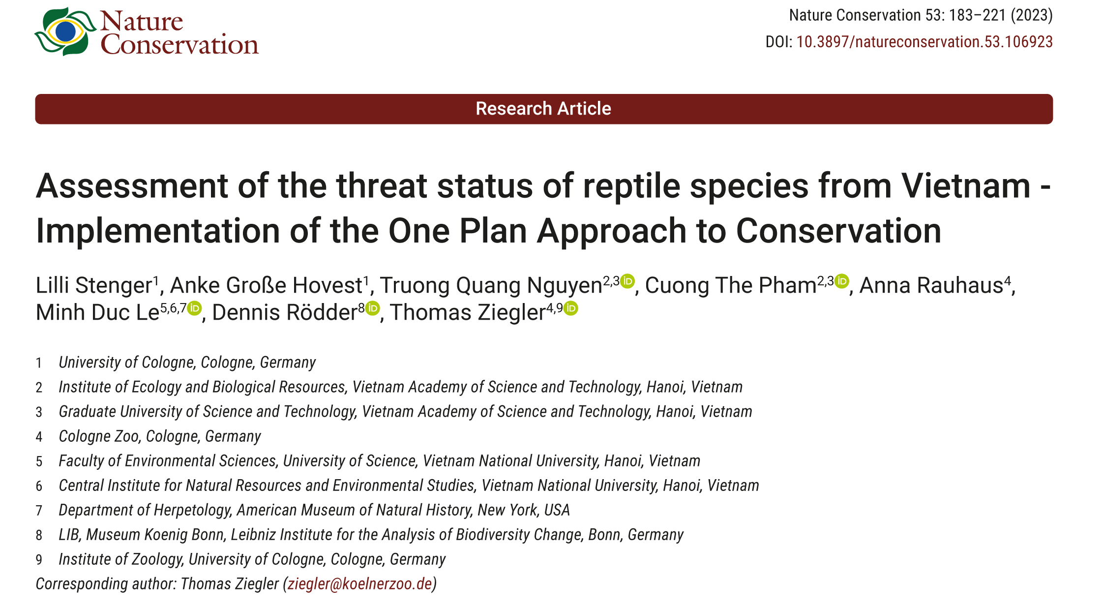 Assessment of the threat status of reptile species from Vietnam – Implementation of the One Plan Approach to Conservation